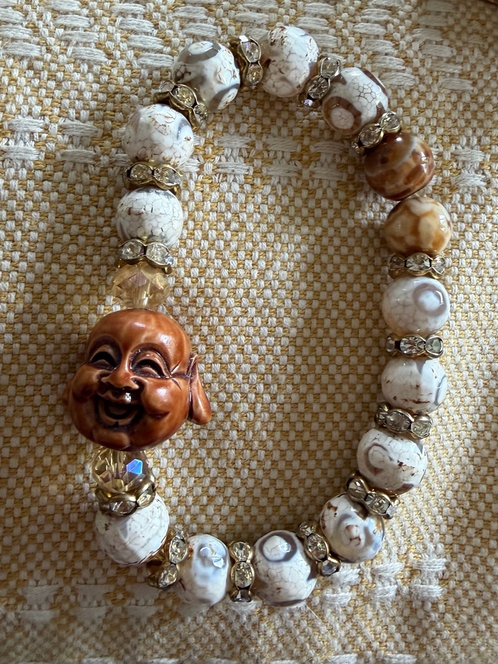 White & Brown Buddha Beaded Stretch Bracelet with Gold Accents
